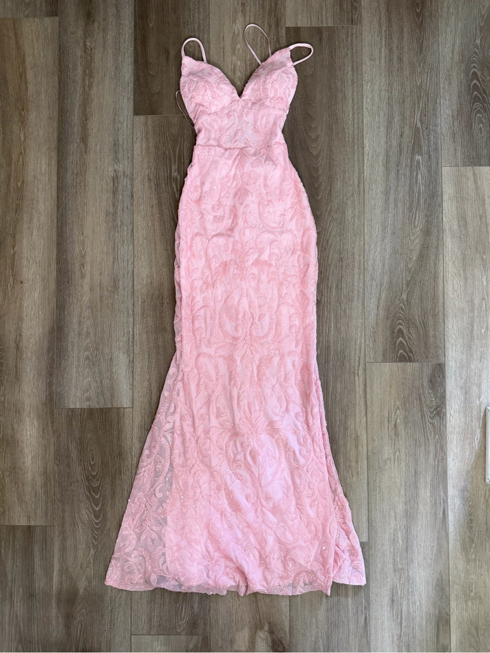 Delicate Pink Lace Mermaid Prom Dress with Spaghetti Straps
